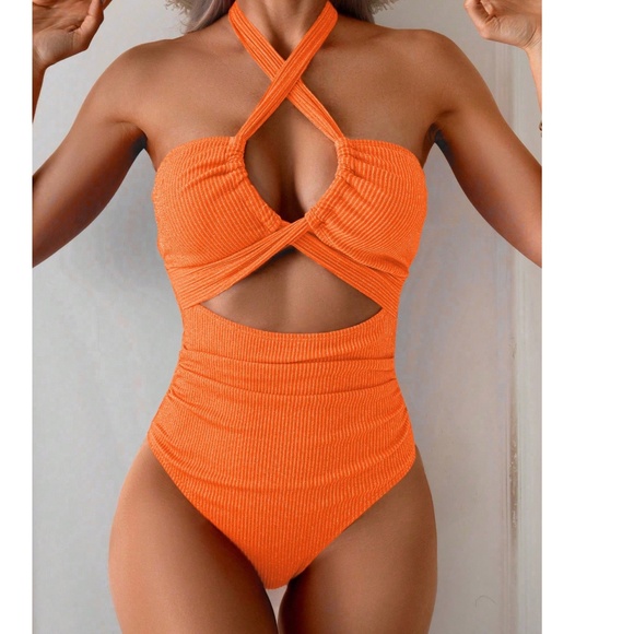 Ribbed Cut out Halter tie One Piece Monokini Swimsuit - Picture 6 of 9